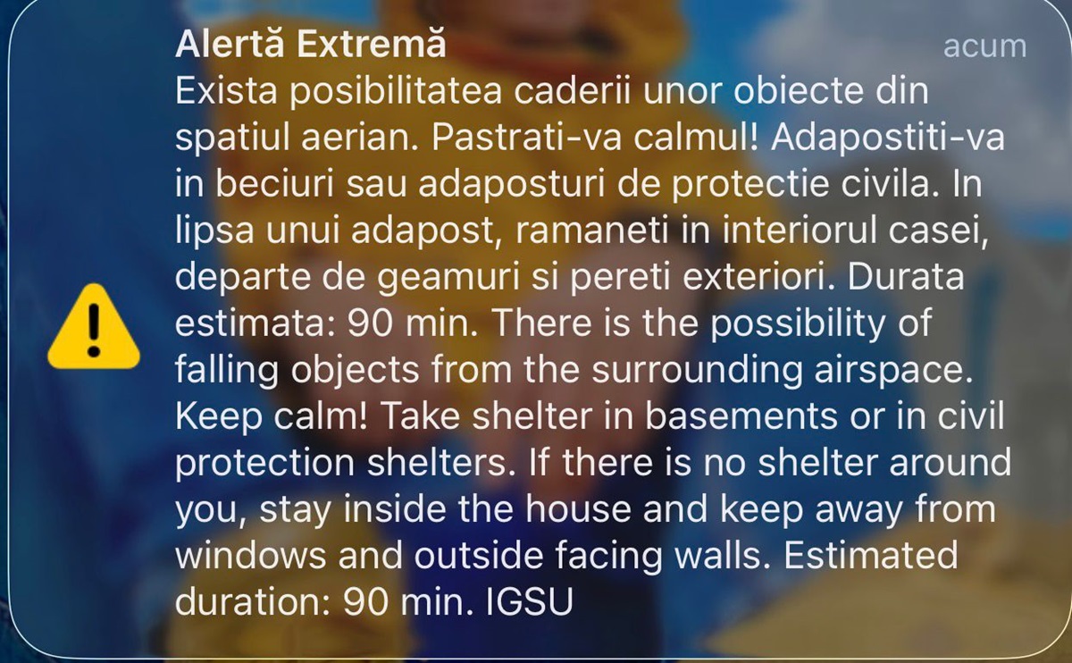 Oficial de la Ministerul Apărării! Mesaj Ro-Alert pentru populaţia din nordul judeţului Tulcea: există posibilitatea căderii unor obiecte din spaţiul aerian