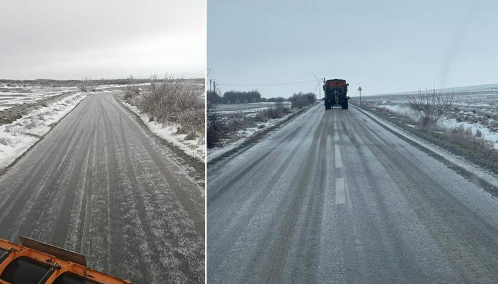 FOTO Pericol de polei pe drumurile din județul Constanța! Angajații de la SC Drumuri Județene SA acționează cu material antiderapant în mai multe zone
