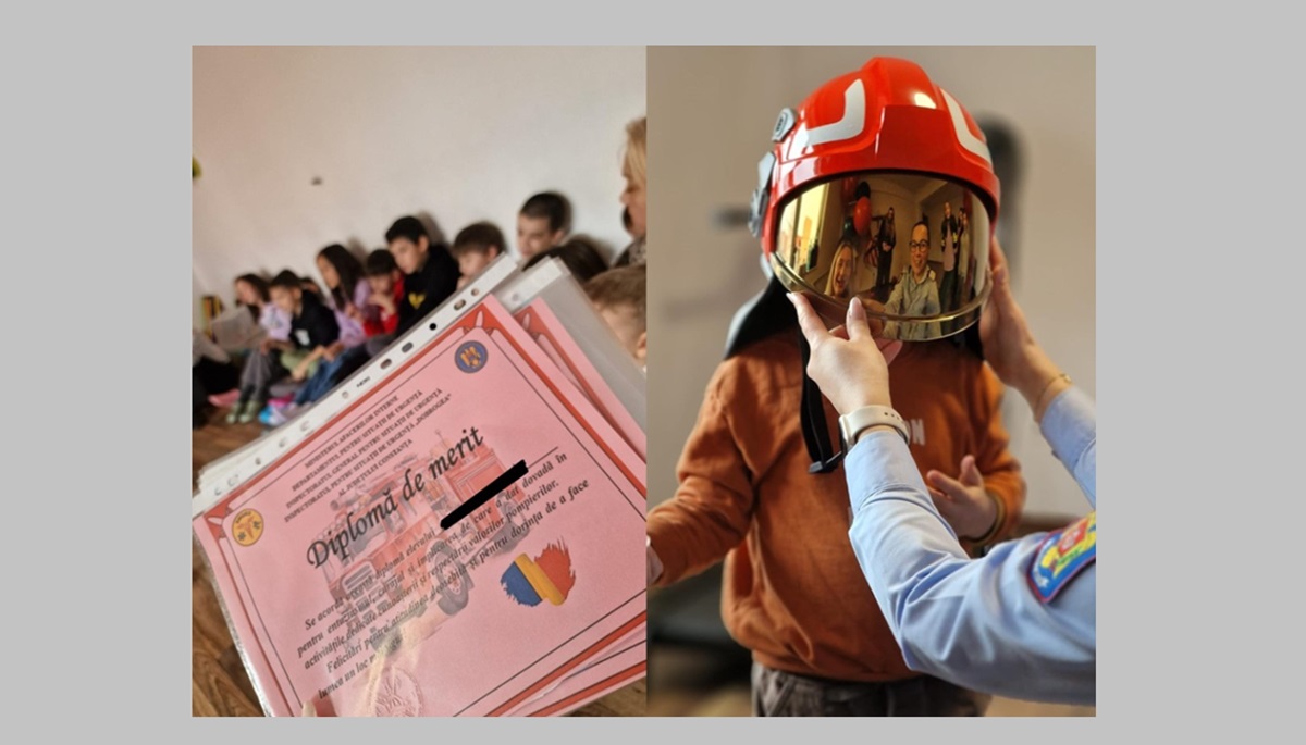 Pompierii ISU Dobrogea, lecție deschisă pe înțelesul celor mici despre cum să reacționeze în caz de incendiu sau cutremur: Prezentarea echipamentului de protecție, momentul preferat al prichindeilor