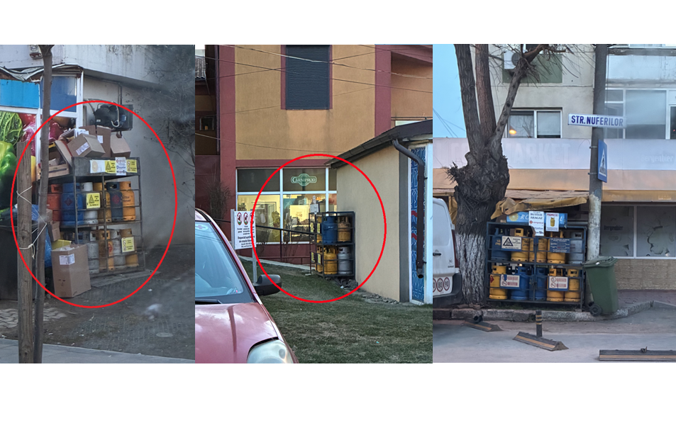 FOTO Un localnic din Năvodari reclamă miros persistent de gaz lângă bloc de la rastelurile cu butelii: Trăim cu frică! Se fumează lângă acestea fără niciun stres