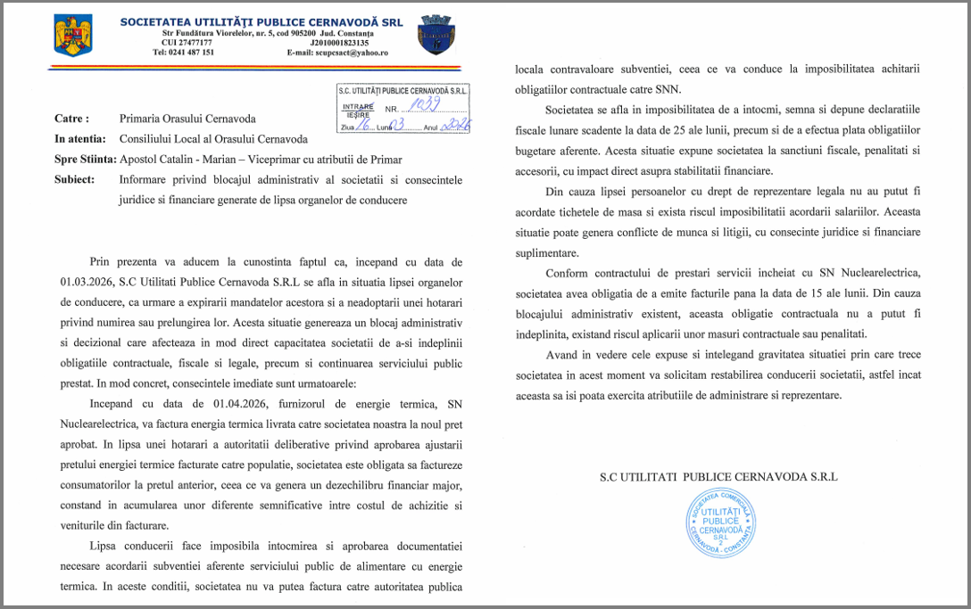 adresă SC Utilități Publice Cernavodă SRL către Primăria Cernavodă