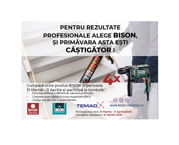 Brick România lansează o campanie cu premii pentru clienții din magazinele fizice. Pentru rezultate profesionale alege BISON și primăvara asta ești câștigător!