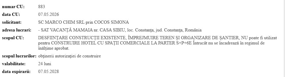 Marco Chim SRL Marius Stamate certificat de urbanism Satul de Vacanță