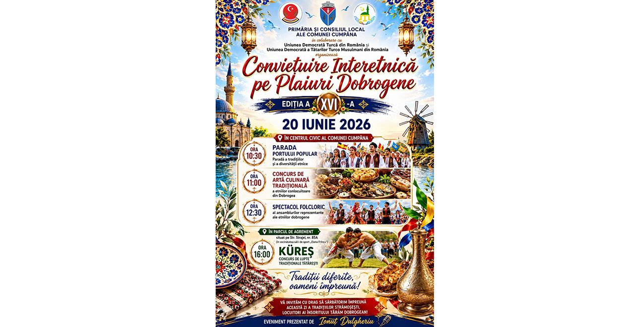Primăria Cumpăna anunță care este programul COMPLET al evenimentului Conviețuire Interetnică pe Plaiuri Dobrogene: Paradă a portului popular, concurs de artă culinară, kureș și spectacole