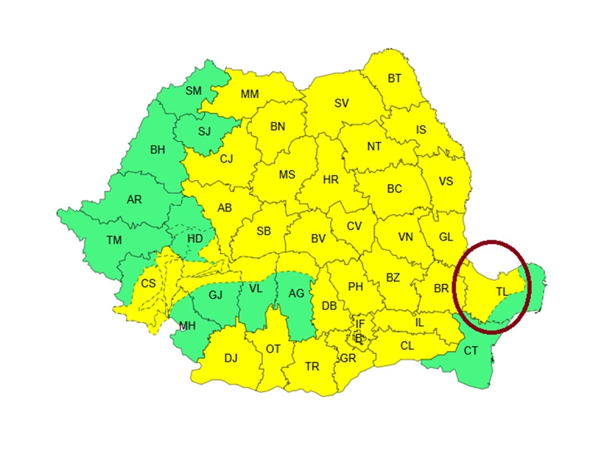 Cod galben pentru o parte din județul Tulcea! Sunt așteptate ploi și căderi de grindină. Vezi aici date oficiale de la ANM