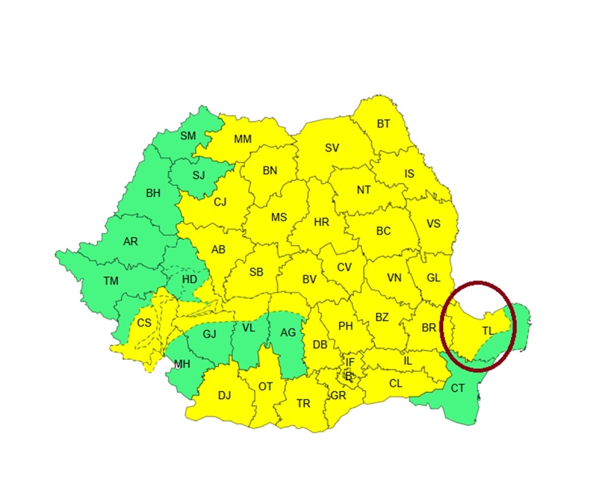 Cod galben pentru o parte din județul Tulcea! Sunt așteptate ploi și căderi de grindină. Vezi aici date oficiale de la ANM
