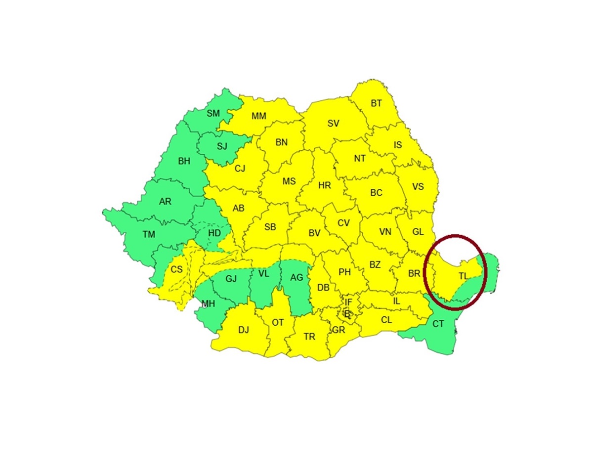 Cod galben pentru o parte din județul Tulcea! Sunt așteptate ploi și căderi de grindină. Vezi aici date oficiale de la ANM