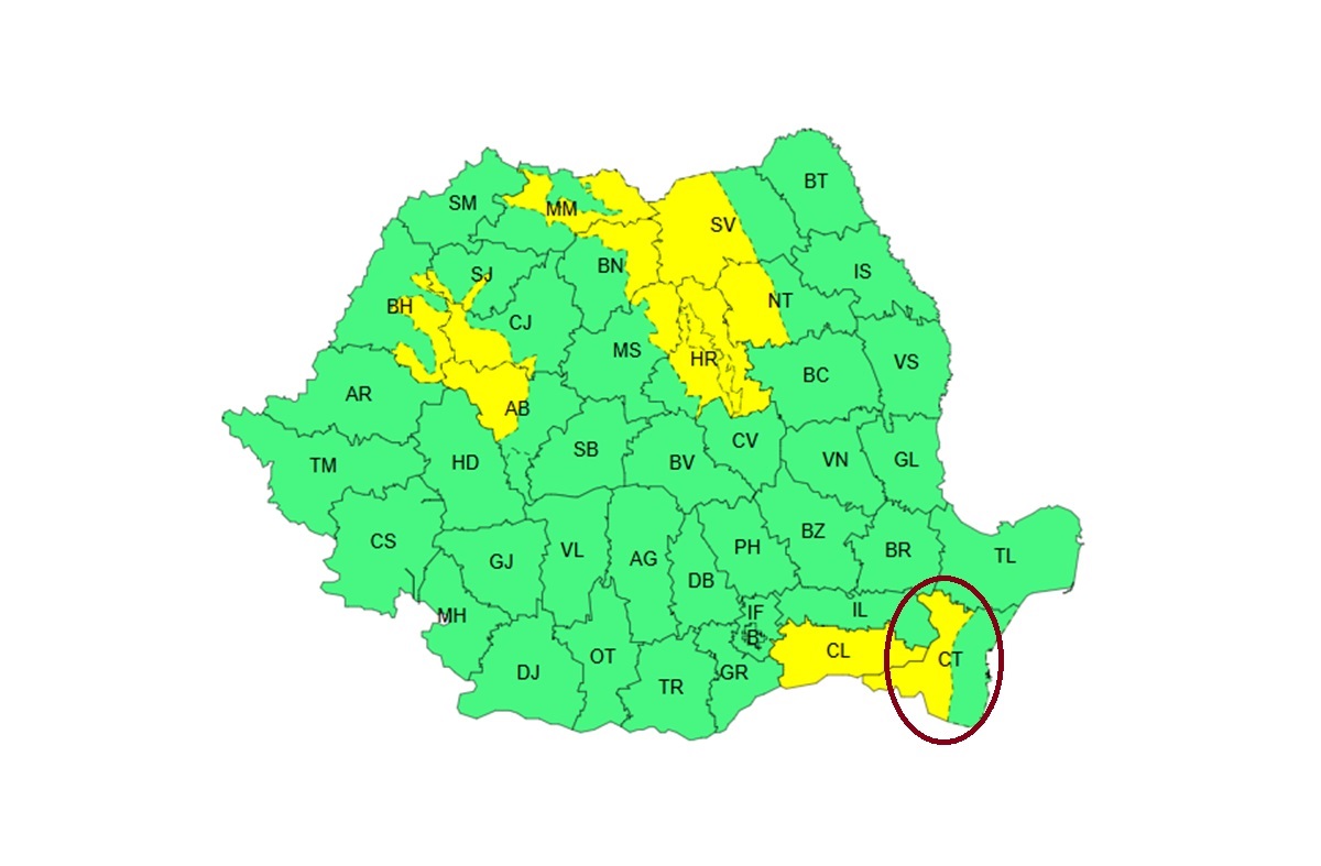 ALERTĂ meteo pentru o parte a județului Constanța! ANM a emis Cod galben. Iată ce fenomene sunt așteptate