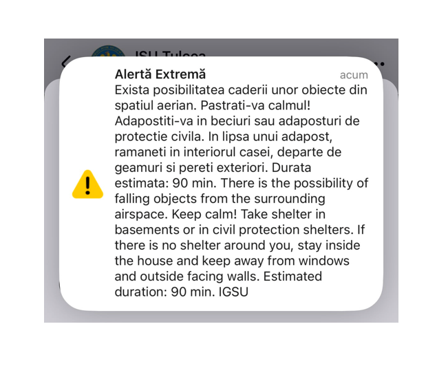 ALERTĂ EXTREMĂ! Locuitorii din nordul județul Tulcea au primit un mesaj RO-ALERT legat de posibilitatea căderii unor obiecte din spațiul aerian