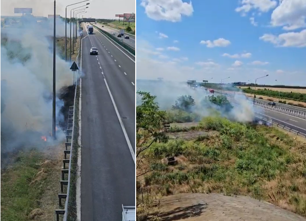 Incendiu pe marginea Autostrăzii A2, în zona ieșirii către Drajna