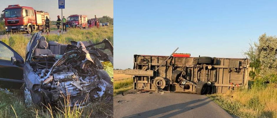 FOTO Tragedie pe DN 22: doi soți au murit după ce o remorcă desprinsă dintr-un TIR a lovit mașina în care se aflau