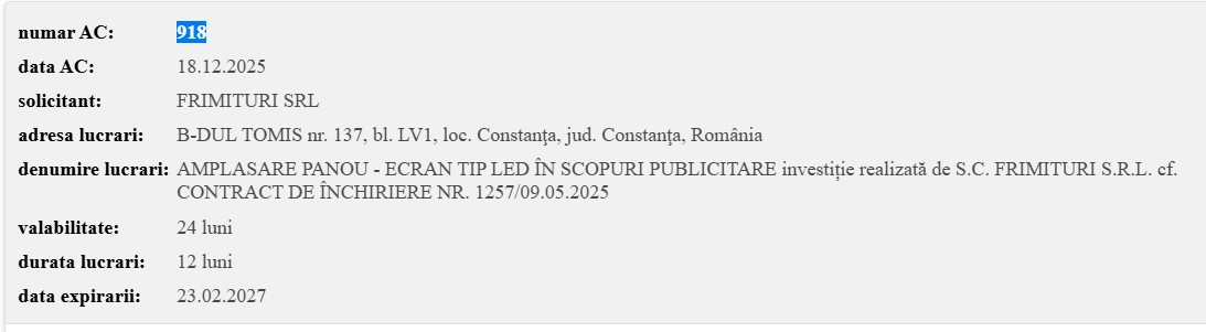 autorizație de construire ecran LED bloc zona Capitol