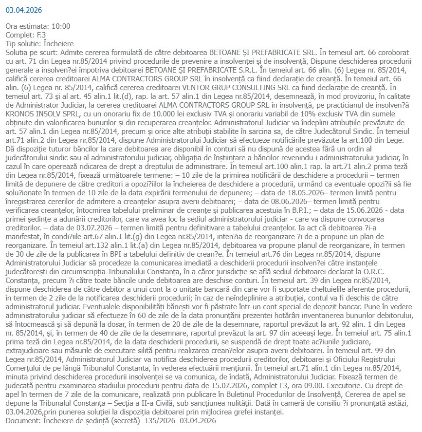 Betoane și Prefabricate SRL minuta