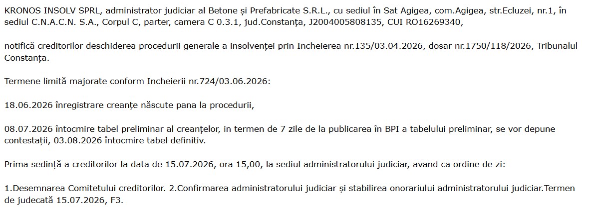Betoane și Prefabricate SRL anunț administrator judiciar
