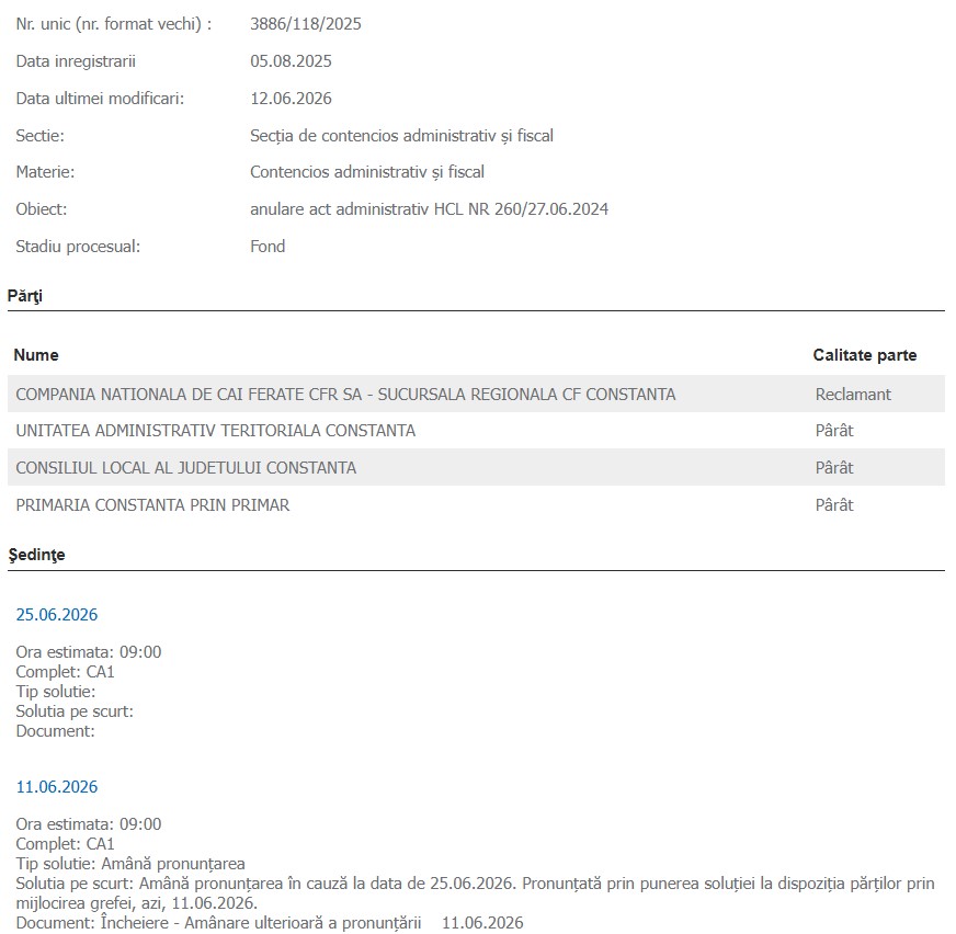 CFR SA proces HCL Constanța terenuri