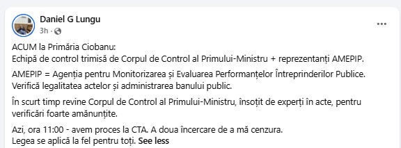 Daniel Gabriel Lungu anunț control Primăria Ciobanu