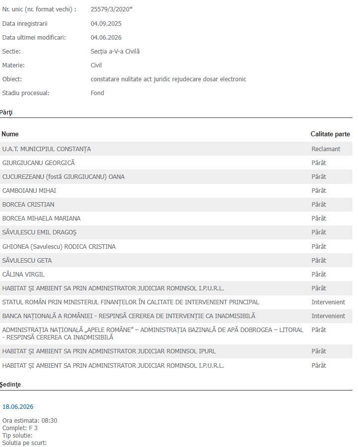 Dosarul Retrocedărilor rejudecare proces terenuri Primăria Constanța