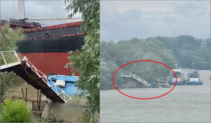 VIDEO Un cargou fără propulsie a lovit un ponton de acostare din Tudor Vladimirescu. Șenalul navigabil a fost blocat temporar