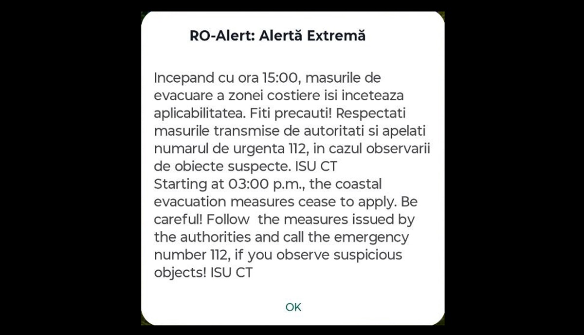 OFICIAL RO-ALERT pentru ÎNCETAREA măsurii de evacuare: Apelați 112 în cazul observării de obiecte suspecte, spun autoritățile