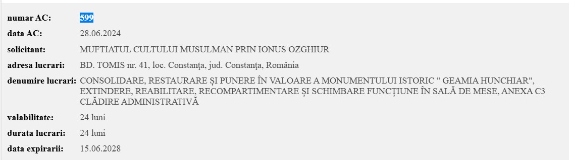 Geamia Hunchiar Autorizația de construire