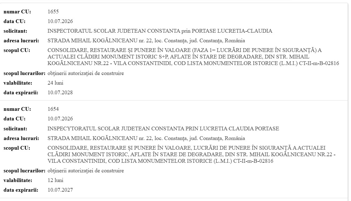 Vila Constantinidi Certificate de Urbanism
