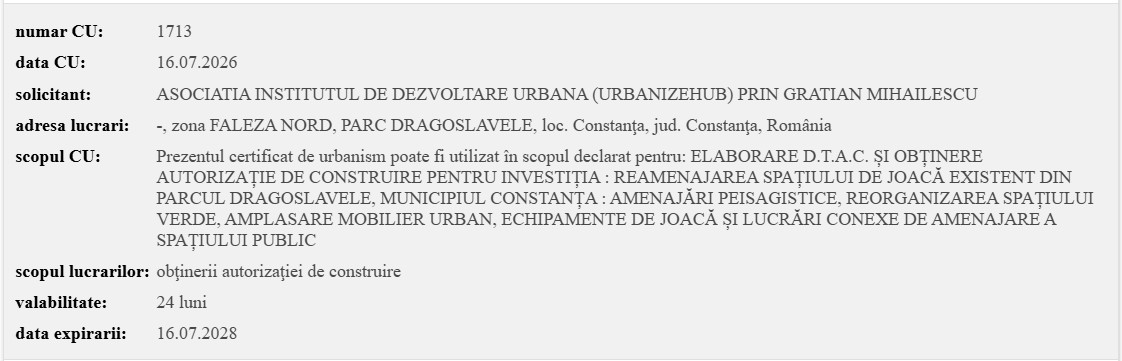 Parcul Dragoslavele certificat de urbanism