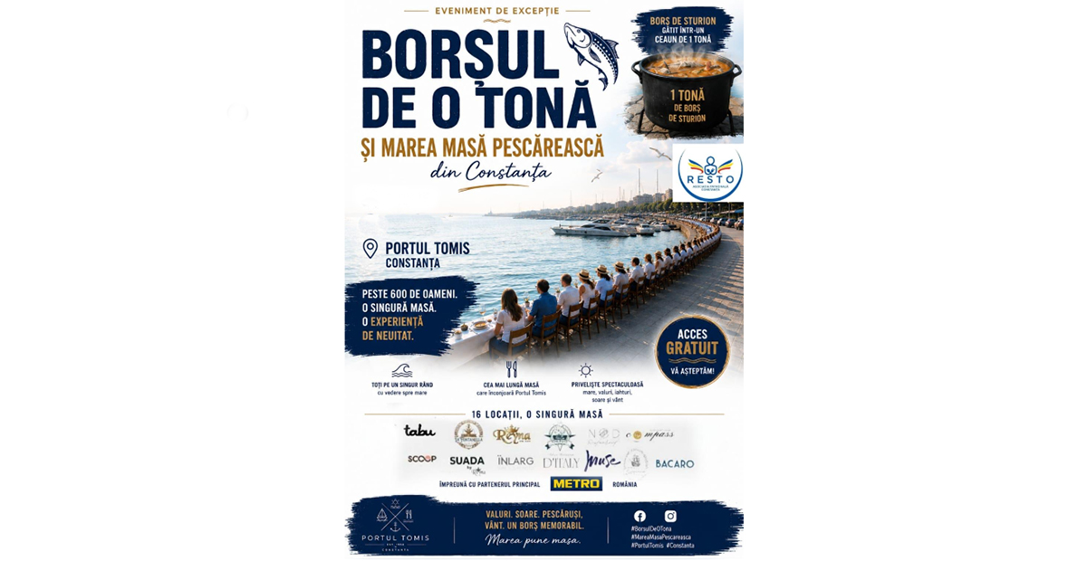 Borșul de sturion de o TONĂ, servit în Portul Tomis. Corina Martin, președintele RESTO Constanța: 600 de persoane, la o singură masă. Când are loc evenimentul
