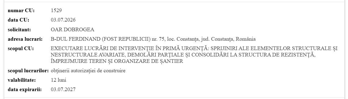 Vila Elena bulevardul Ferdinand 75 Constanța certificat de urbanism OAR Dobrogea