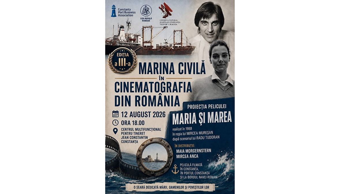 Centrul Cultural Județean Teodor Burada organizează evenimentul Marina Civilă în Cinematografia Românească: Proiecția peliculei Maria și marea, filmată în 1988 în Portul Constanța și la bordul navei Roman