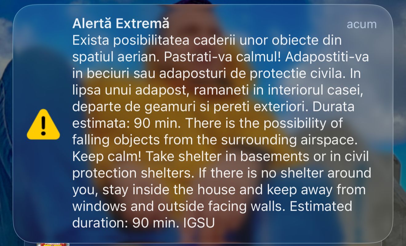 RO-ALERT în Tulcea! Mesajul semnalează o posibilă cădere de obiecte din spațiul aerian