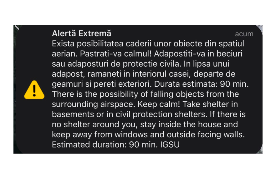 Locuitorii din județul Tulcea, avertizați din nou prin mesaj Ro-Alert despre posibilitatea căderii unor obiecte din spațiul aerian
