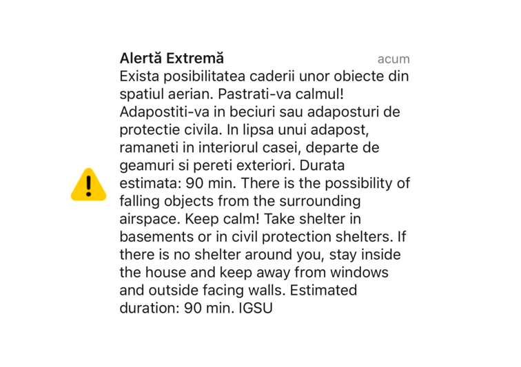 Un nou mesaj RO-Alert pentru nordul județului Tulcea: populația, avertizată cu privire la posibila cădere a unor obiecte din spațiul aerian