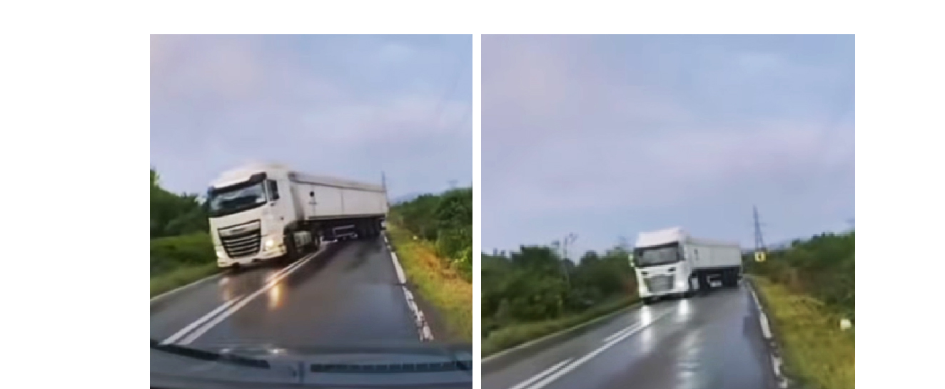 VIDEO INCREDIBIL Un șofer din Tulcea și-a văzut MOARTEA cu ochii: Două tiruri au derapat în fața lui, unul după altul