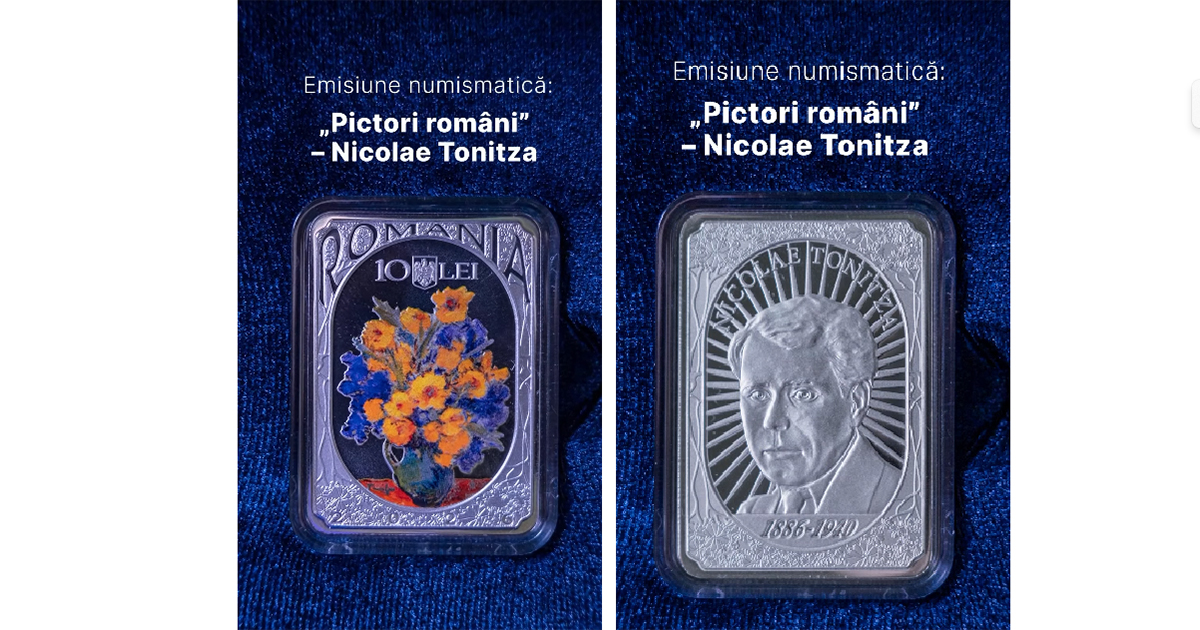 Monedă spectaculoasă din argint dedicată pictorului Nicolae Tonitza: Este prima monedă dreptunghiulară, colorată, lansată de BNR