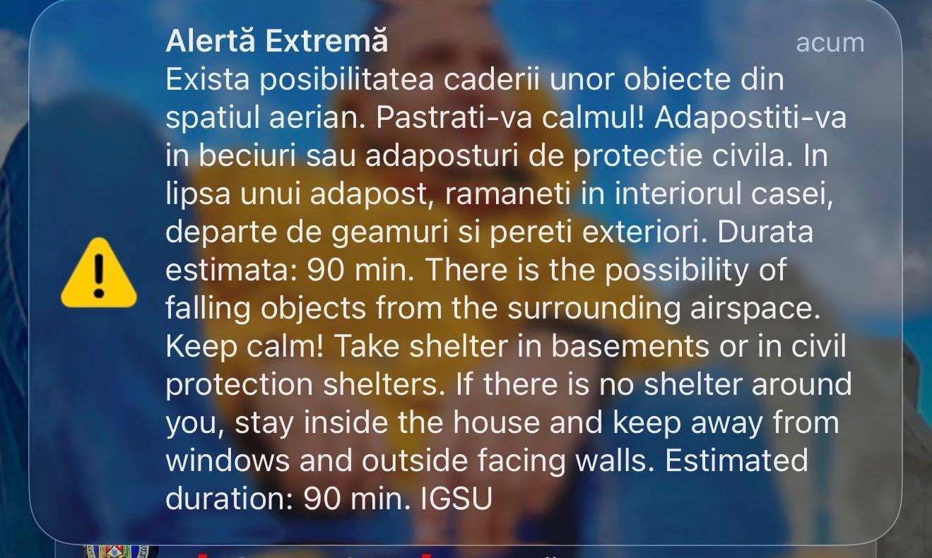 Mesaj RO-ALERT la Tulcea: Posibilitatea căderii unor obiecte din spațiul aerian