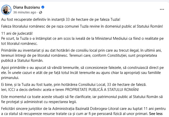 Diana Buzoianu mesaj recuperare plaja faleza Tuzla