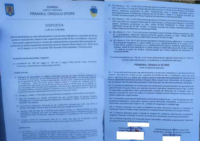 Dispoziție UAT Eforie 15.09.2026 - desființare pe cale administrativă a construcției