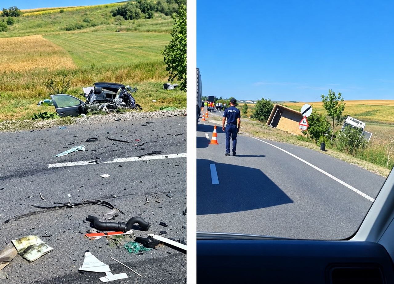 VIDEO Un camion s-a RĂSTURNAT peste un autoturism: O persoană a decedat