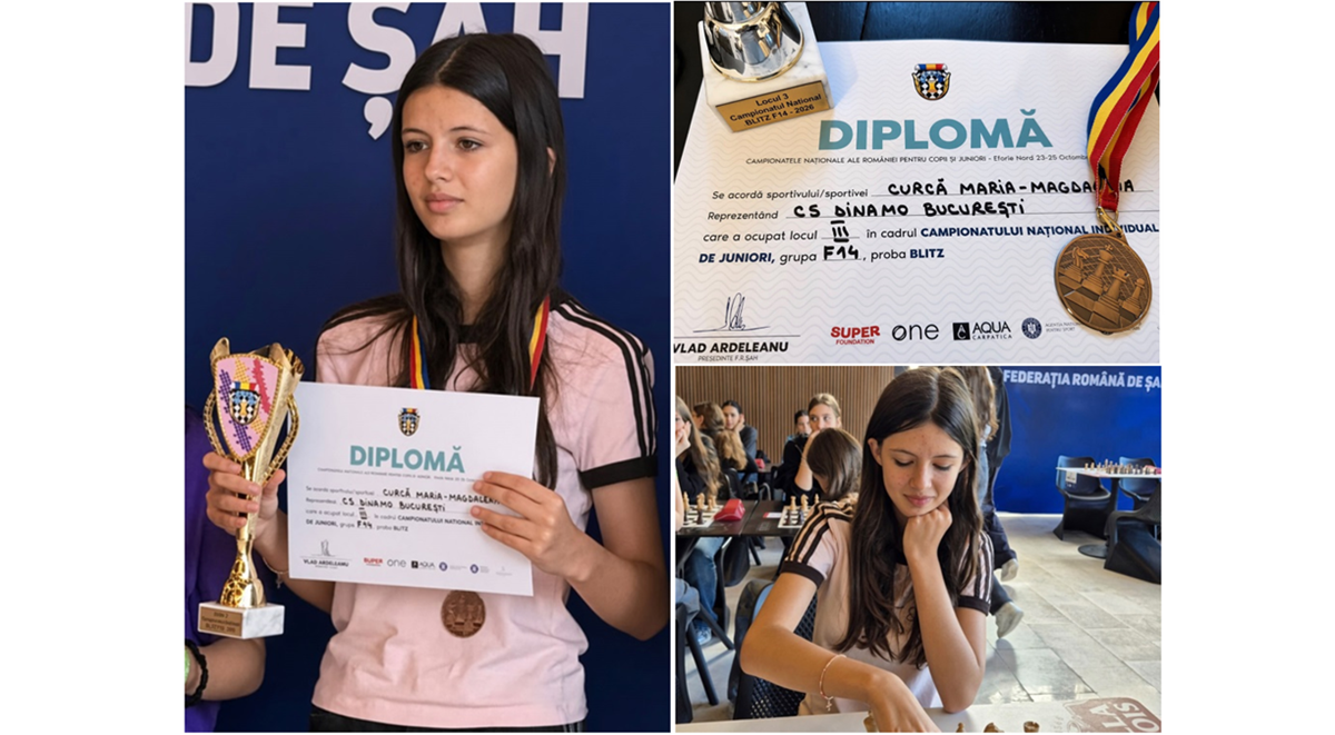 FOTO Șahista Maria Magdalena Curcă, de 13 ani, din Constanța, pe podium la Campionatele Naționale Individuale de la Eforie Nord, la proba de blitz U14! Un nou titlu într-un palmares impresionant